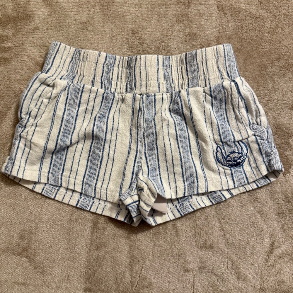 Disney Kids Stitch Striped Shorts Blue White Elastic Waist Size S Small